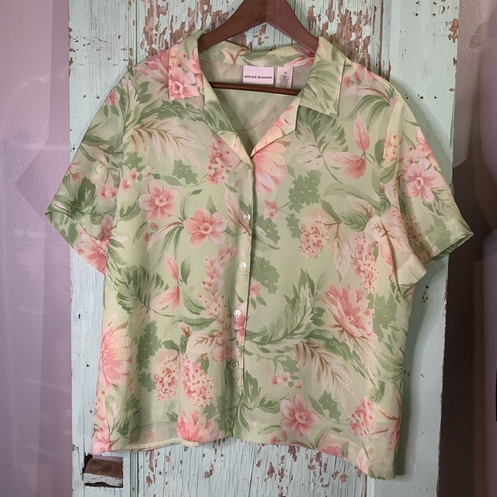 Women’s Alfred Dunner ss collared button down green floral pattern blouse sz 18